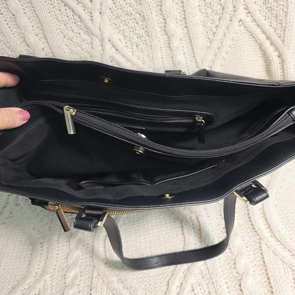 Ann Taylor Tote Laptop Bag Black Tan Faux Leather Work Office Elegant‎ Designer